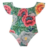 Ca.Qi Sexy Women Tropical Lotus Leaf Floral Off Shoulder Swim Wear Lady High Cut Bathing Suit Ruffle Bikini Thong Swimwear