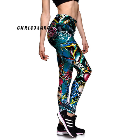 CHRLEISURE S-XL Colorful Snake Totem Flower Skull Printed Leggings Stretch High Waist Big Size Fitness Trousers Pants For Women