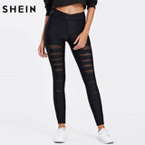 SHEIN Black Leggings Women Mesh Insert Ripped Leggings Mid Waist Casual Summer Spring Soild Fitness Leggings Pants