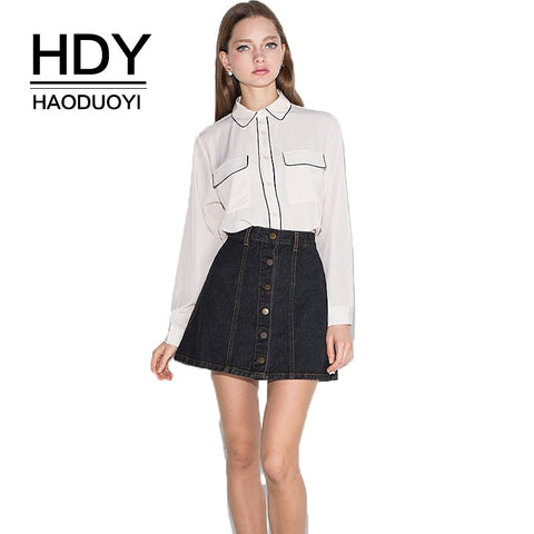 HDY Haoduoyi Brand 2017 New In White Top Stitch Women Shirts Preppy Style Single Breast Sweet Full Sleeve Female Tops Blouses