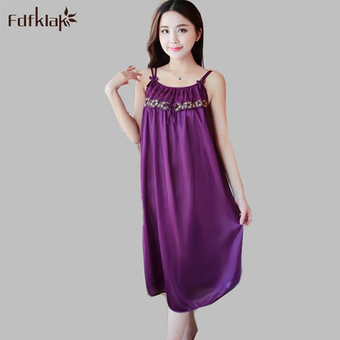 Fdfklak Women Silk Satin Nightgown Lace Nightdress 2017 Sexy Nighty Dress Sleeveless Sleepwear Nightwear For Summer Styles E0889