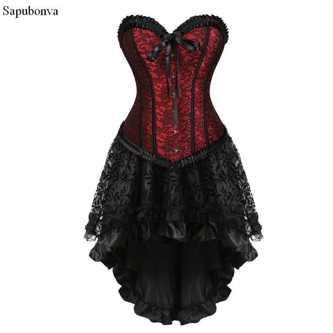 Sapubonva Gothic Floral Lace up Corset Dress Showgirl Clubwear Lingerie Costume Burlesque Corset and Skirt Set Exotic Women's