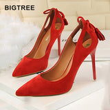 BIGTREE Women Pumps Sexy Women High Heels Cut-Outs Bowtie Tassel High Heels Shoe Women Flock Thin Heels Wedding Shoes