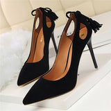 BIGTREE Women Pumps Sexy Women High Heels Cut-Outs Bowtie Tassel High Heels Shoe Women Flock Thin Heels Wedding Shoes