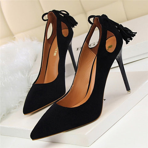 BIGTREE Women Pumps Sexy Women High Heels Cut-Outs Bowtie Tassel High Heels Shoe Women Flock Thin Heels Wedding Shoes
