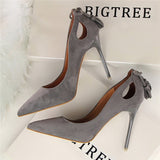 BIGTREE Women Pumps Sexy Women High Heels Cut-Outs Bowtie Tassel High Heels Shoe Women Flock Thin Heels Wedding Shoes
