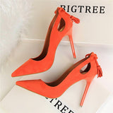 BIGTREE Women Pumps Sexy Women High Heels Cut-Outs Bowtie Tassel High Heels Shoe Women Flock Thin Heels Wedding Shoes