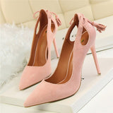 BIGTREE Women Pumps Sexy Women High Heels Cut-Outs Bowtie Tassel High Heels Shoe Women Flock Thin Heels Wedding Shoes