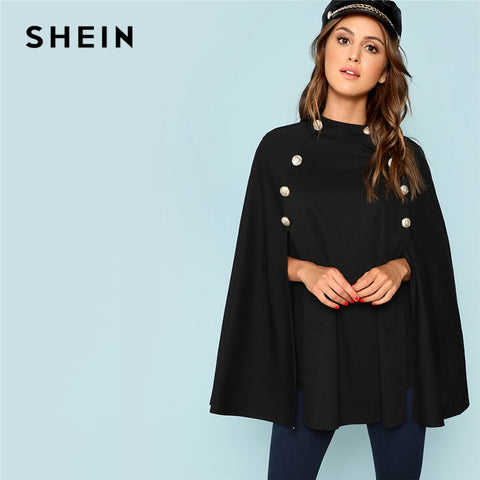 SHEIN Black Highstreet Office Lady Double Button Mock Poncho Solid Elegant Coat 2018 New Autumn Women Workwear Outerwear Clothes
