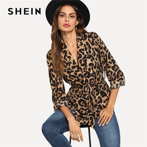 SHEIN Multicolor Highstreet Office Lady Shawl Collar Belted Leopard Print Elegant Blazer 2018 Autumn Workwear Women Outerwear