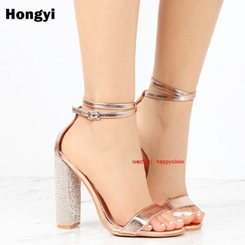 Women Heeled Sandals Bandage Rhinestone Ankle Strap Pumps Super High Heels 11 CM Square Heels Lady Shoes crystal sandals heels