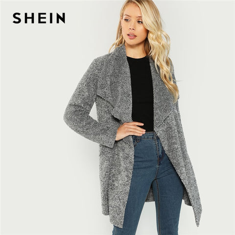 SHEIN Grey Office Lady Elegant Waterfall Collar Solid Knee Length Teddy Coat 2018 Autumn Casual Fashion Women Coats Outerwear