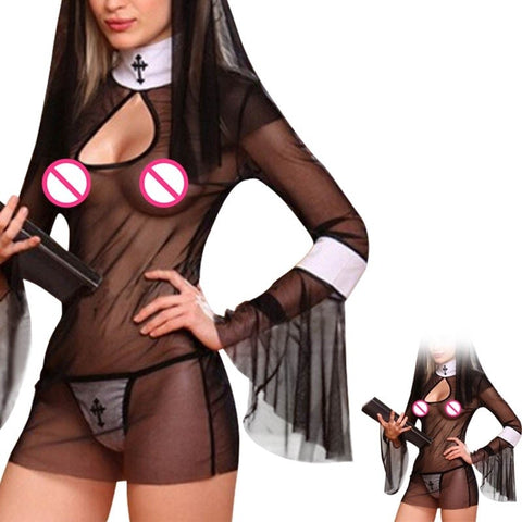 Sexy Costume Women Cosplay Nuns Uniform Transparent  Sexy Lingerie Outfit Clothing