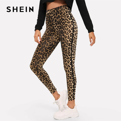 SHEIN Multicolor Casual Athleisure Leopard Print High Waist Leggings Autumn Modern Lady Highstreet Women Pants Trousers
