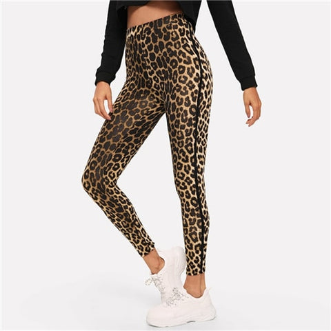 SHEIN Multicolor Casual Athleisure Leopard Print High Waist Leggings Autumn Modern Lady Highstreet Women Pants Trousers