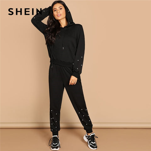 SHEIN Black Casual Leisure Solid Pearl Beading Detail Hoodie Sweatshirt And Carrot Pants Set Autumn Modern Lady Women Two Pieces