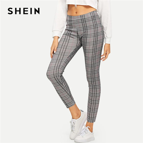 SHEIN Grey Modern Lady High Rise Plaid Leggings Highstreet Solid Slim Crop 2019 Women Casual Streetwear Winter Leggings