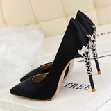 Women Pumps High Heels Shoes Solid Silk Gold Heels Metal Carved Women Heels Female Bridal Shoes Brand Ladies Shoes