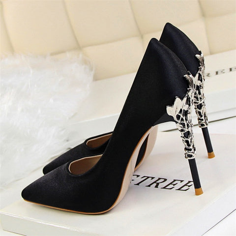 Women Pumps High Heels Shoes Solid Silk Gold Heels Metal Carved Women Heels Female Bridal Shoes Brand Ladies Shoes