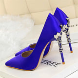 Women Pumps High Heels Shoes Solid Silk Gold Heels Metal Carved Women Heels Female Bridal Shoes Brand Ladies Shoes