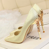 Women Pumps High Heels Shoes Solid Silk Gold Heels Metal Carved Women Heels Female Bridal Shoes Brand Ladies Shoes