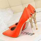 Women Pumps High Heels Shoes Solid Silk Gold Heels Metal Carved Women Heels Female Bridal Shoes Brand Ladies Shoes