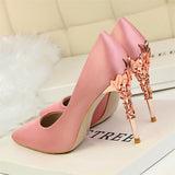 Women Pumps High Heels Shoes Solid Silk Gold Heels Metal Carved Women Heels Female Bridal Shoes Brand Ladies Shoes