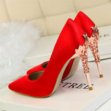 Women Pumps High Heels Shoes Solid Silk Gold Heels Metal Carved Women Heels Female Bridal Shoes Brand Ladies Shoes