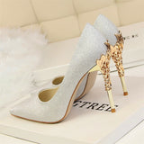 Women Pumps High Heels Shoes Solid Silk Gold Heels Metal Carved Women Heels Female Bridal Shoes Brand Ladies Shoes