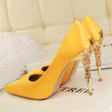 Women Pumps High Heels Shoes Solid Silk Gold Heels Metal Carved Women Heels Female Bridal Shoes Brand Ladies Shoes