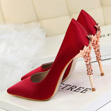 Women Pumps High Heels Shoes Solid Silk Gold Heels Metal Carved Women Heels Female Bridal Shoes Brand Ladies Shoes