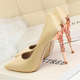 Women Pumps High Heels Shoes Solid Silk Gold Heels Metal Carved Women Heels Female Bridal Shoes Brand Ladies Shoes