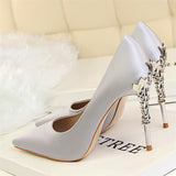 Women Pumps High Heels Shoes Solid Silk Gold Heels Metal Carved Women Heels Female Bridal Shoes Brand Ladies Shoes