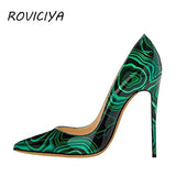 Black green printed party wedding shoes ladies pumps womens heels shoes fashion 12 cm stilleto pointed toe heels QP015 ROVICIYA